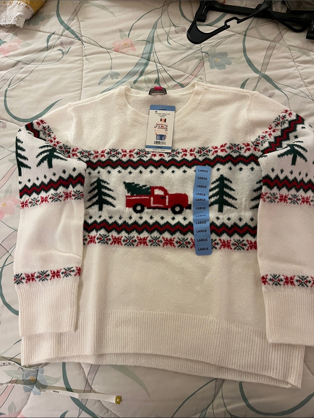 Vince Camuto Cream Crewneck Sweater with Red Truck and Green Trees